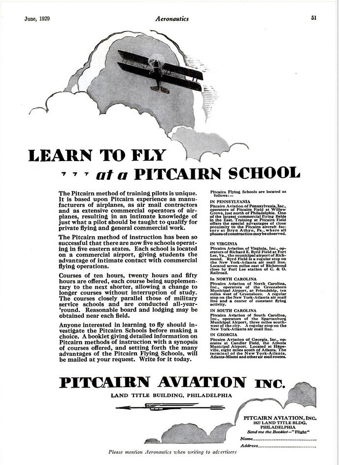 Pitcairn Field Advertisement, Aeronautics Magazine, June, 1929 (Source: Web)