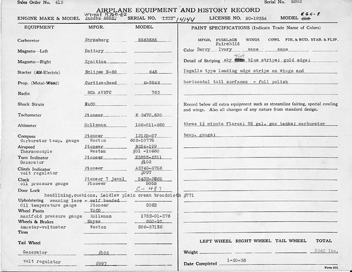 Manufacturer's Specification Sheet, Waco NC19354, January 20, 1938 (Source: Heins)