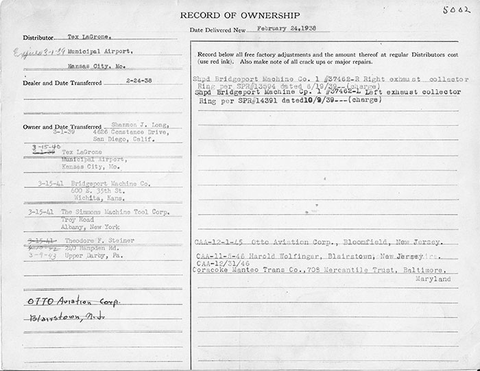 Manufacturer's Specification Sheet, Waco NC19354, January 20, 1938 (Source: Heins)