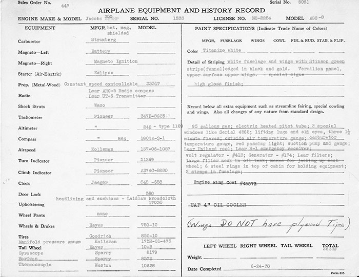 Manufacturer's Specification Sheet, Waco NC2284, June 25, 1938 (Source: Heins)