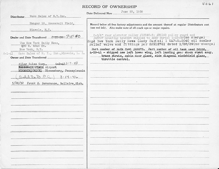 Manufacturer's Specification Sheet, Waco NC2284, June 25, 1938 (Source: Heins)