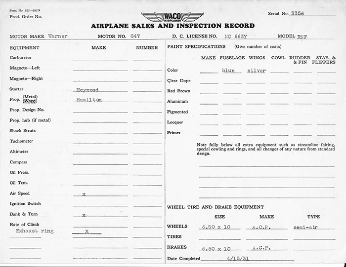 Manufacturer's Specification Sheet, Waco NC663Y, April 15, 1931 (Source: Heins) 