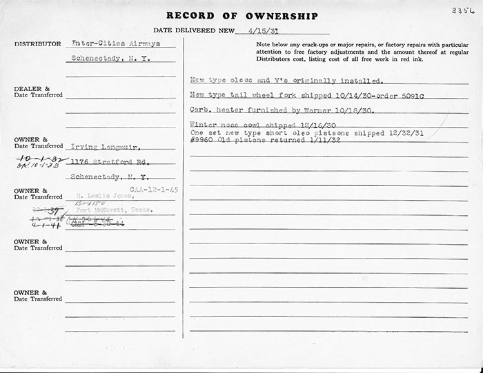 Manufacturer's Specification Sheet, Waco NC663Y, April 15, 1931 (Source: Heins) 