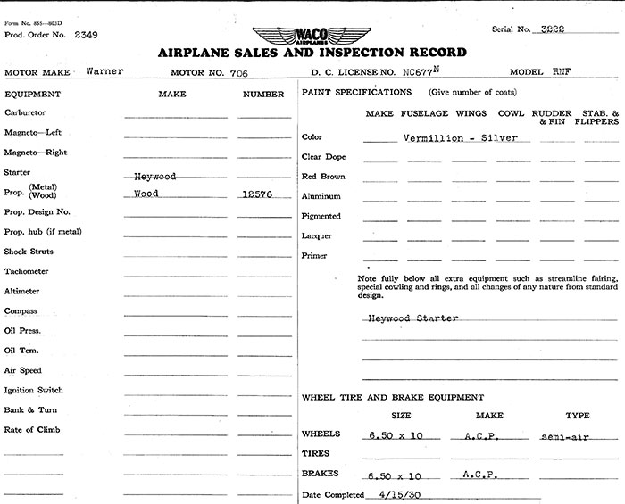 Manufacturer's Specification Sheet, Waco NC677N, April 15, 1930 (Source: Heins) 