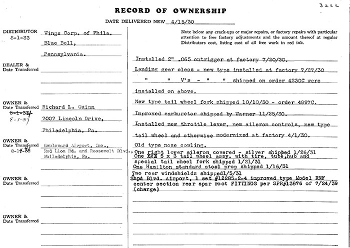 Manufacturer's Specification Sheet, Waco NC677N, April 15, 1930 (Source: Heins) 