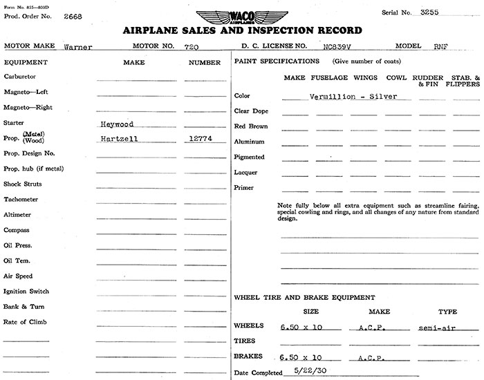 Manufacturer's Specification Sheet, Waco NC839V, May 22, 1930 (Source: Heins) 