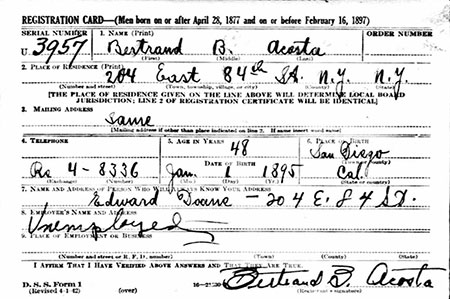 Bert Acosta Draft Registration, December 11, 1942 (Source: ancestry.com)