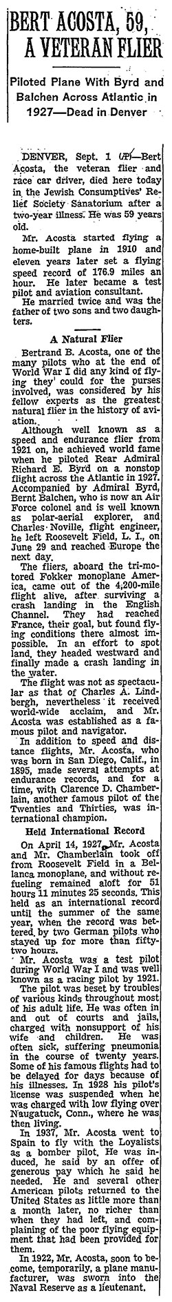 Bert Acosta Obituary, The New York Times, September 2, 1954 (Source: NYT)