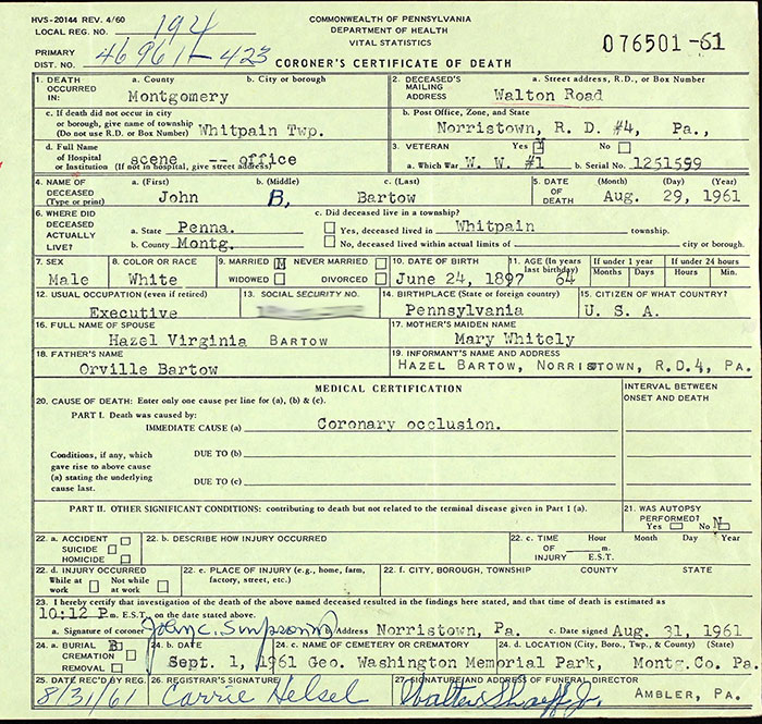 John B. Bartow, Death Certificate, August 29, 1961 (Source: ancestry.com)