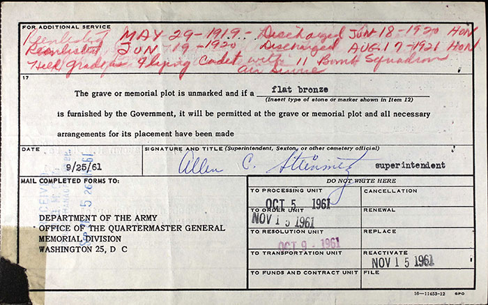 Military Veteran Grave Marker Application, J.B. Bartow, September 8, 1961 (Source: ancestry.com)
