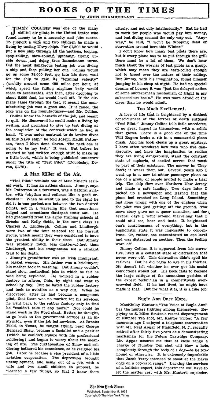 Book Review, "Test Pilot," September 5, 1935 (Source: NYT)