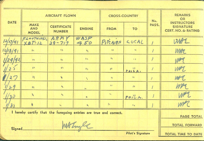 W.H. Engle Pilot Logbook #4, Early 1942 (Source: Engle Family)