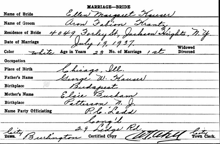 Krantz/Kauser Wedding License, July 19, 1937 (Source: ancestry.com)