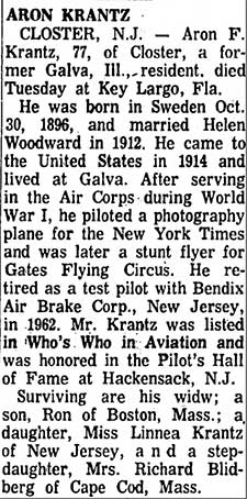 Krantz Obituary, Galesburg Register-Mail (IL), April 22, 1974 (Source: newspapers.com)