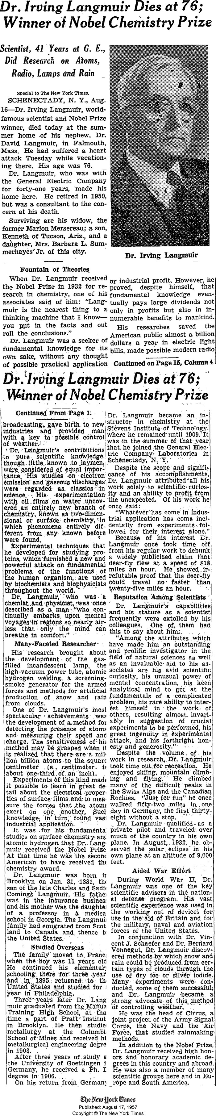 Irving Langmuir, Obituary, The New York Times, August 17, 1957 (Source: NYT)
