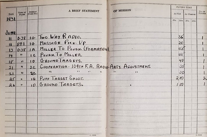 Denis Mulligan, Pilot Log Book, June 1931 (Source: UWAHC 