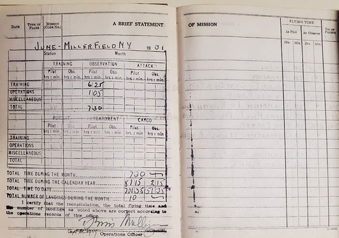 Denis Mulligan, Pilot Log Book, June 1931 (Source: UWAHC) 