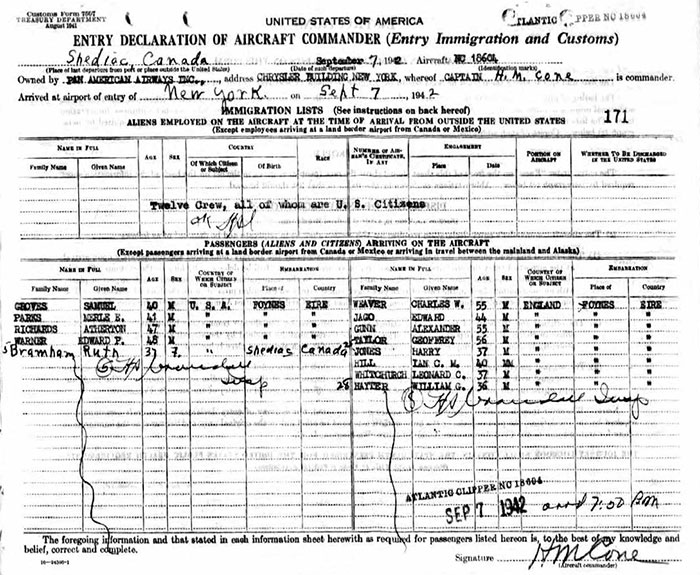 E.P. Warner, Immigration Form, September 7, 1942 (Source: ancestry.com)
