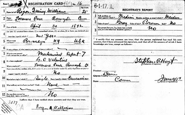 R.Q. Williams, WWI Draft Card, June 4, 1917 (Source: ancestry.com) 