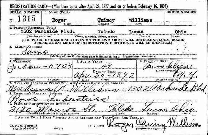 R.Q. Williams, WWII Draft Card, 1942 (Source: ancestry.com)